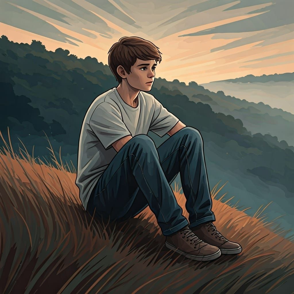 Contemplative Teenager on Misty Hillside Illustration