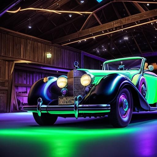 Dark outside Nighttime glowing Neon lights white 1936 Mercedes Benz type 500k roadster parked inside a barn since 1936 unbelievably epic rar...