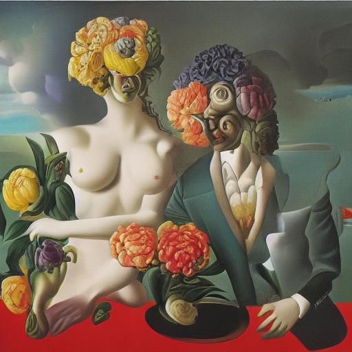 Double composition, figures of a man and a woman on a backgr...