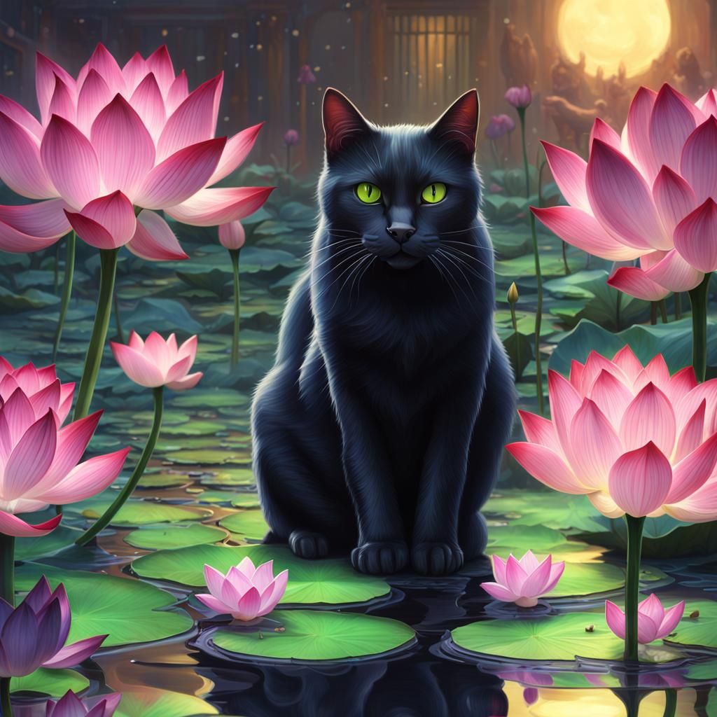 A black cat named Lotus surrounded by Lotuses - AI Generated Artwork ...