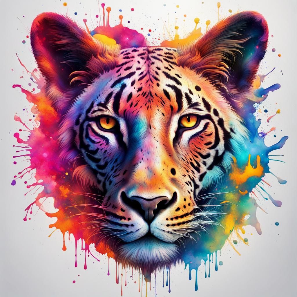 Vibrant coloured Ink splatters in the shape of and animal