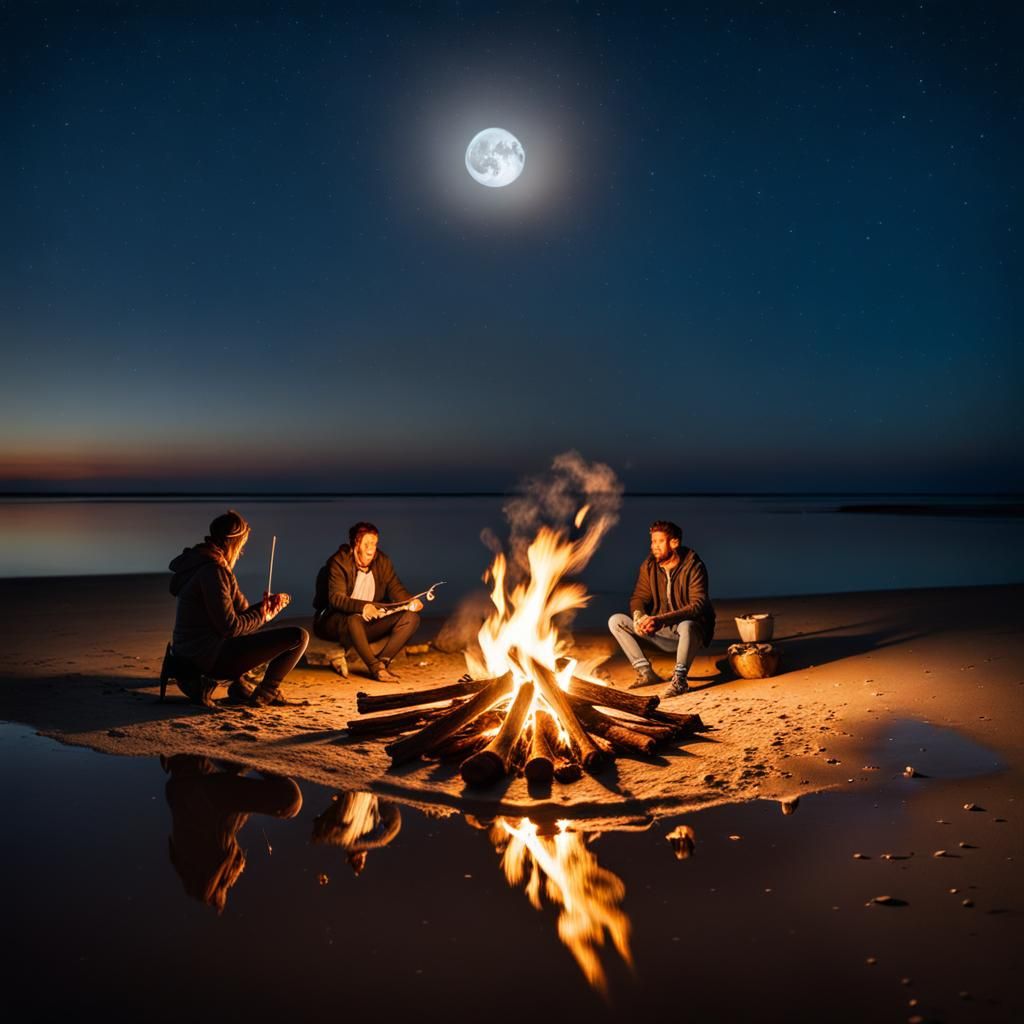 Two persons are sitting next to a campfire on a beach. They ...