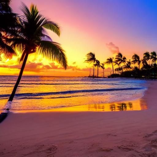 A beautiful wide-angle shot of a tropical beach at sunset. Palm-trees ...