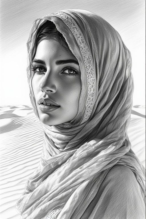 Arab Woman in Desert Dunes, Dramatic Lighting.
 This hyper-r...