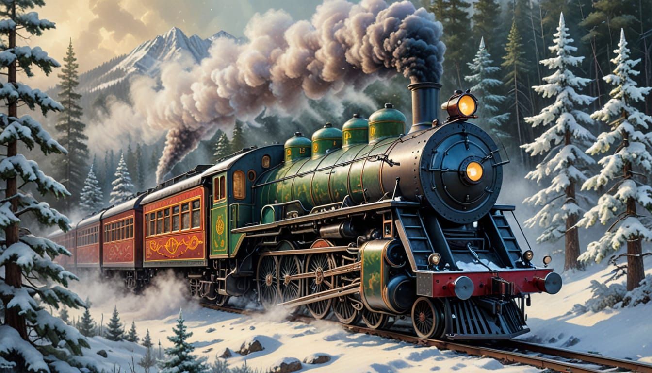 Photo, Abstract, locomotive à vapeur dans les apalaches, décor de sapins enneigés. wet brush, wet wash, ...  by @Biboo