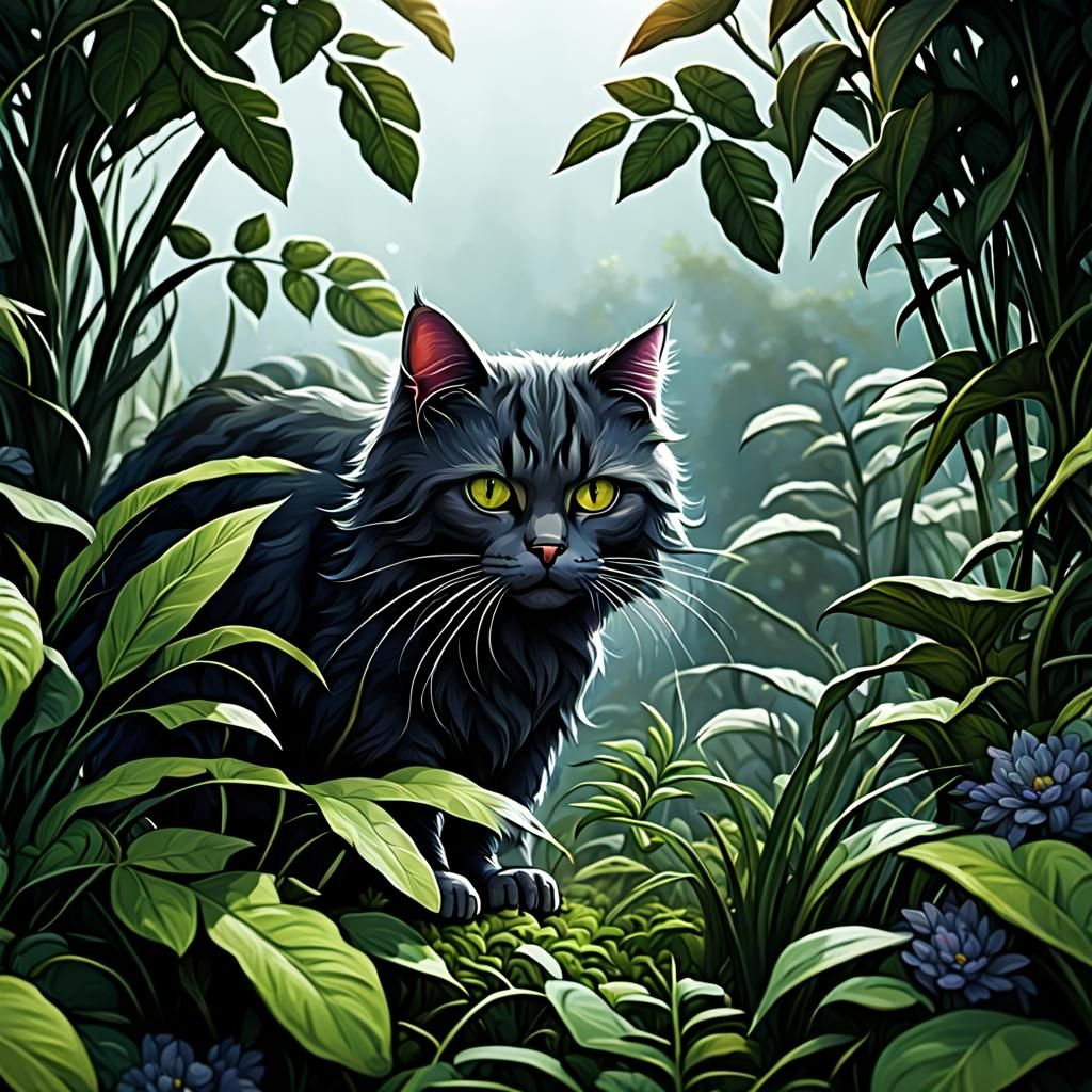 cat hiding in the bushes