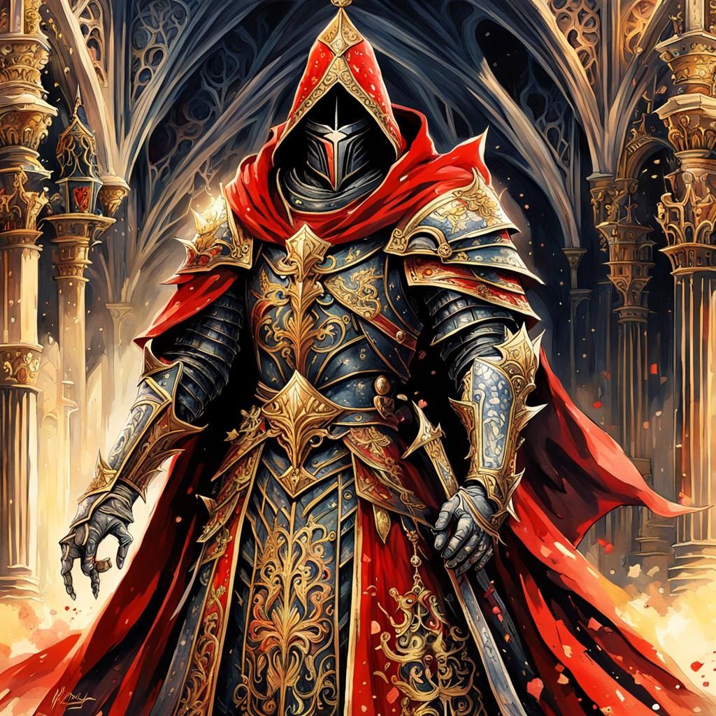 Gothic Knight King in Crimson Cloak, Watercolor Style