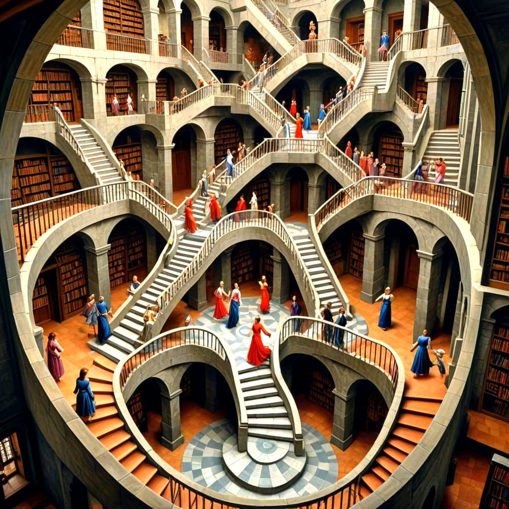 Elegant Ladies in Ancient Library Maze