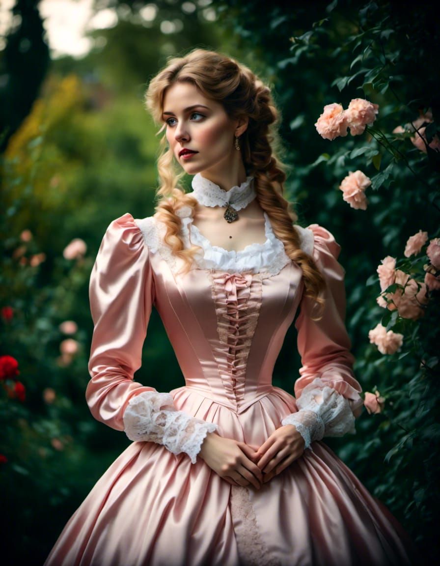 Beautiful young Victorian woman in a shiny satin dress, gard...