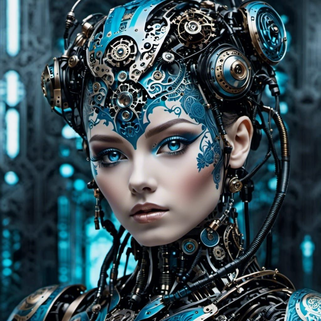  <lora:Crimson:1.0>A gorgeous cyberpunk humanoid :: digital electric blue tattoos :: tropicalpunk