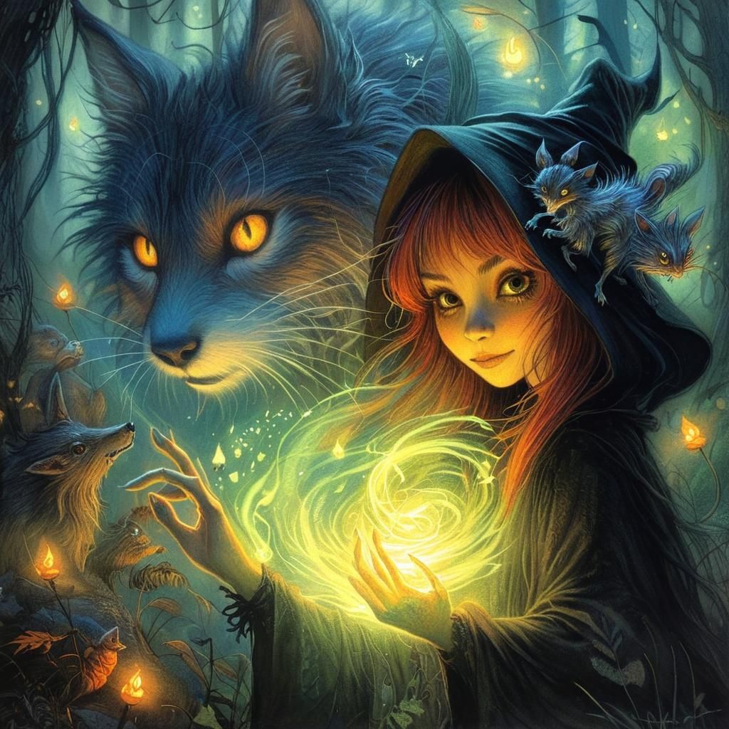 Furry art style with blsck magic elements and a cute furry girl witch magic forest spirits shadowy creatures