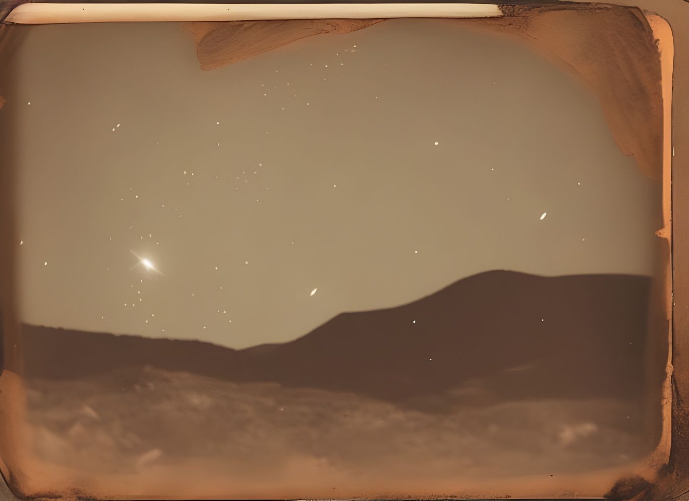 meteor shower beyond cratered mountainous landscape