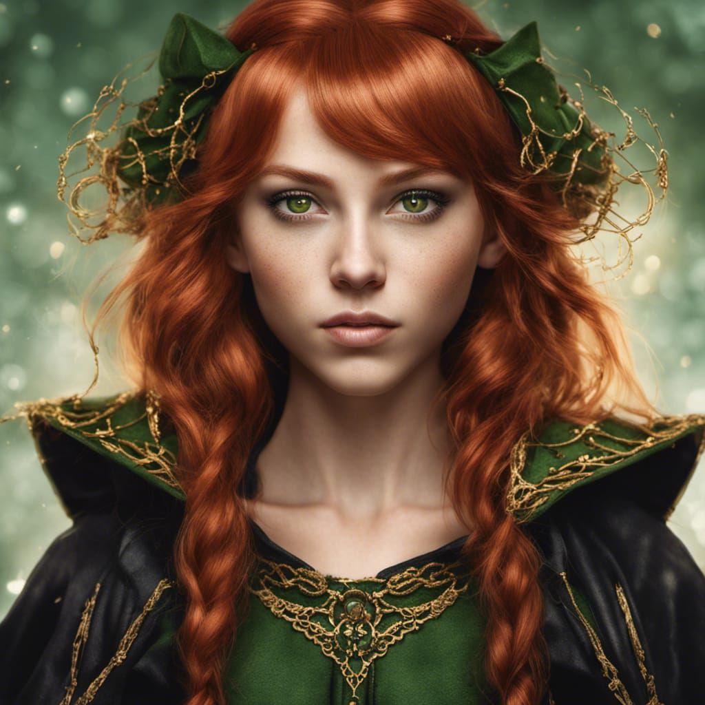 portrait of a red haired girl with elf ears green eyes and a black ...