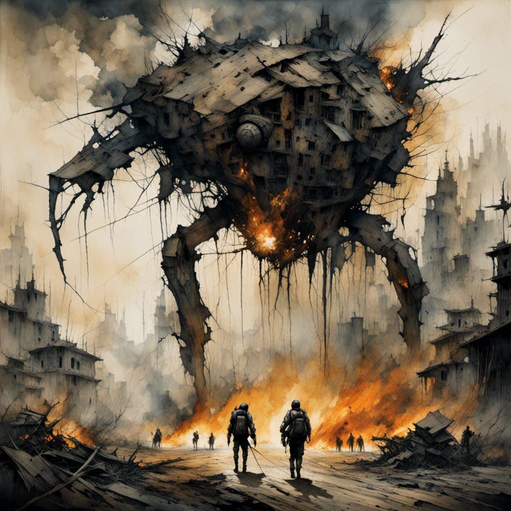 <lora:Dark:1.0> A damaged battle-mech emerges out of a burning  town with soldiers walking in front of it