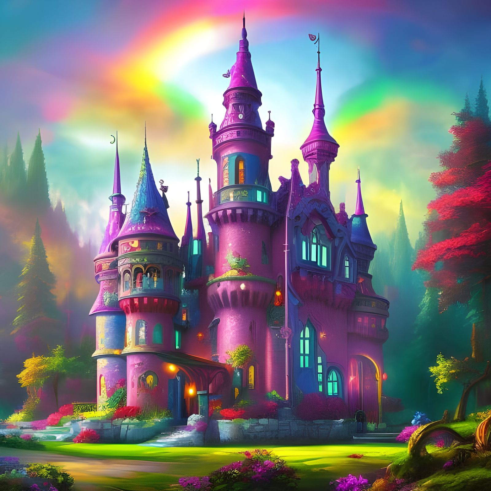 Fairy Castle, Stained Glass Colors - Ai Generated Artwork - Nightcafe 