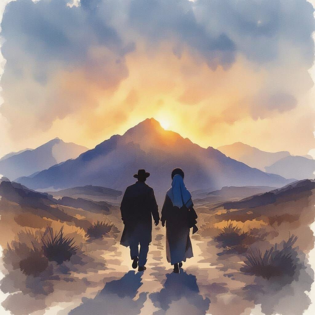 Watercolor sillouteet of jewish man and woman walking to mount sinai back towards the viewer add a big solliouette of a woman on mount sinai