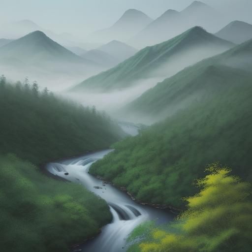 Misty Mountain Range in Chinese Painting Style