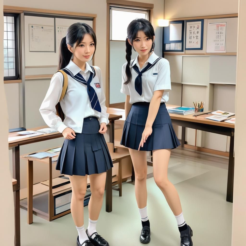 Japanese teacher with short skirt and unbuttoned blouse tutors female student in Japanese school uniform