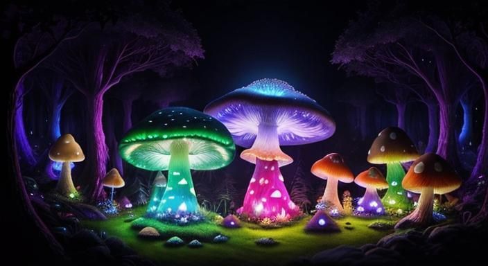 A fairy mushroom house in an enchanted bioluminescent forest...