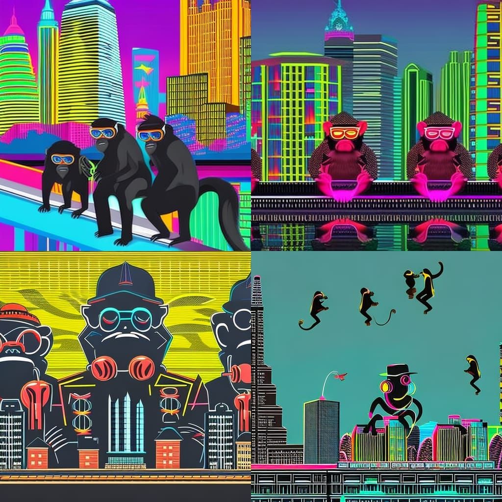 A digital illustration of the three monkeys in a modern city...