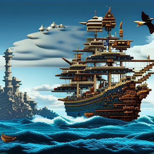 gameart 8 bit pixel art "fantasy ship on the ocean, intricate clouds and waves, birds" breathtaking pixel ...  by @CherishedAngel