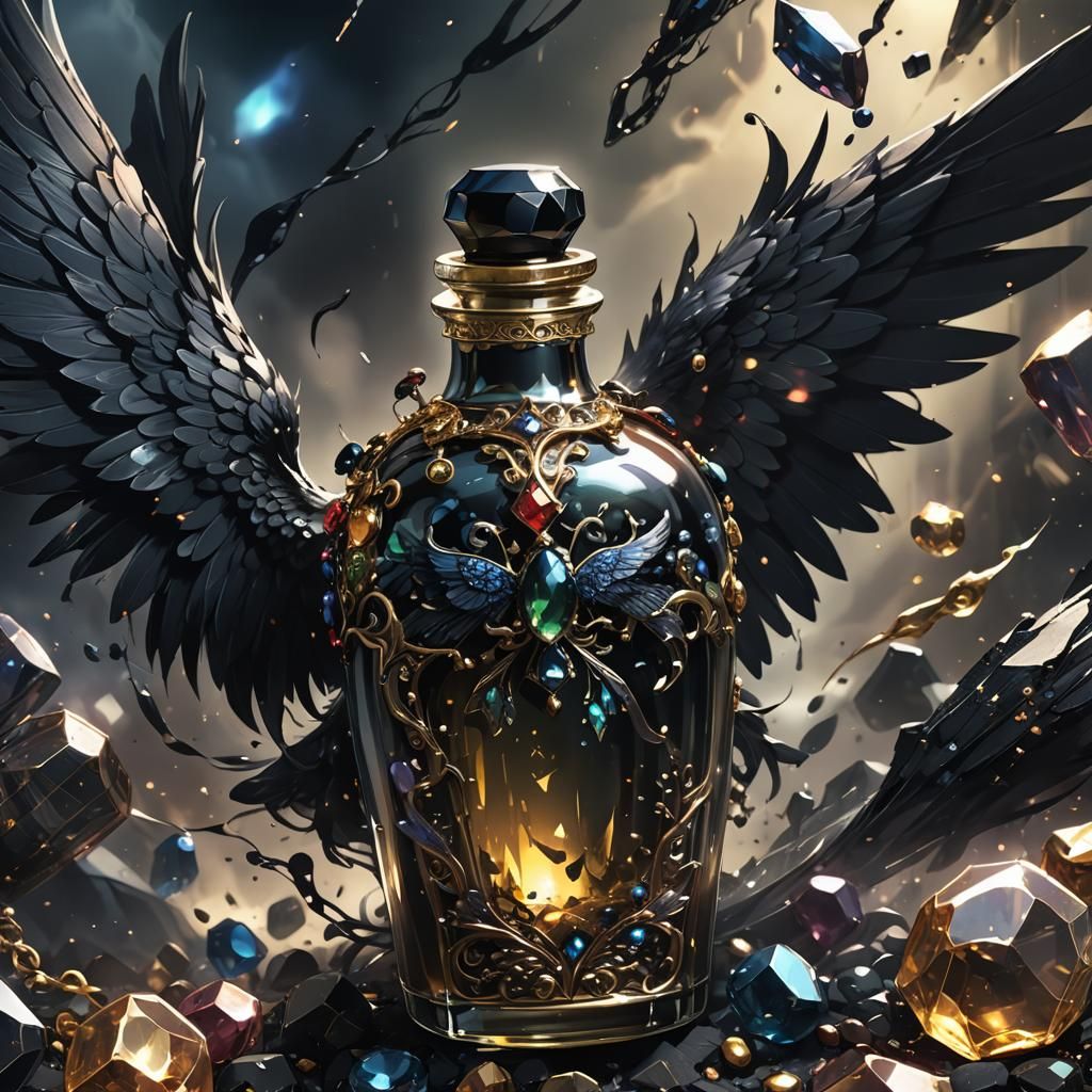 a cursed bottle covered in dark colored jewels and has black...