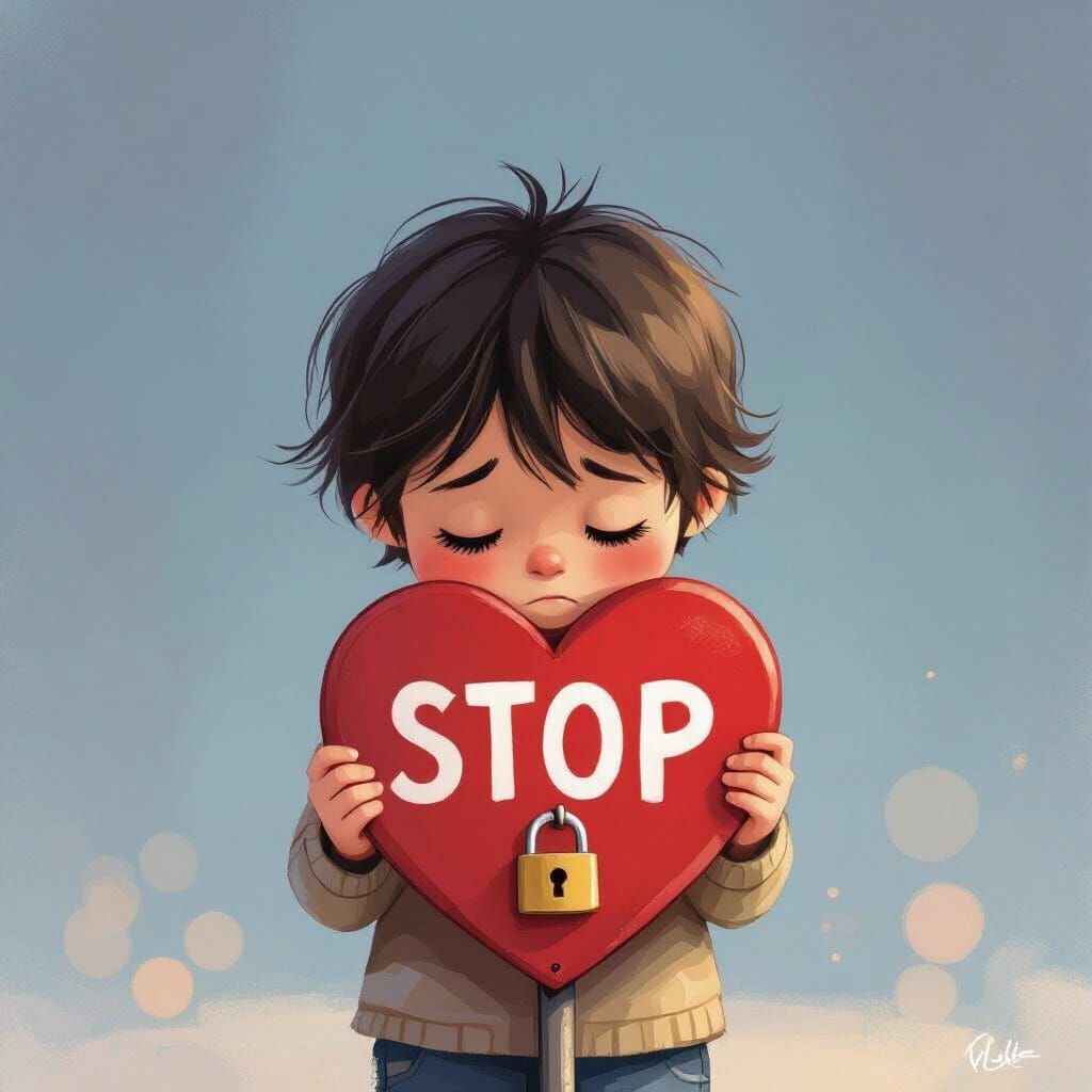 Sad Child Holds Locked Heart Stop Sign