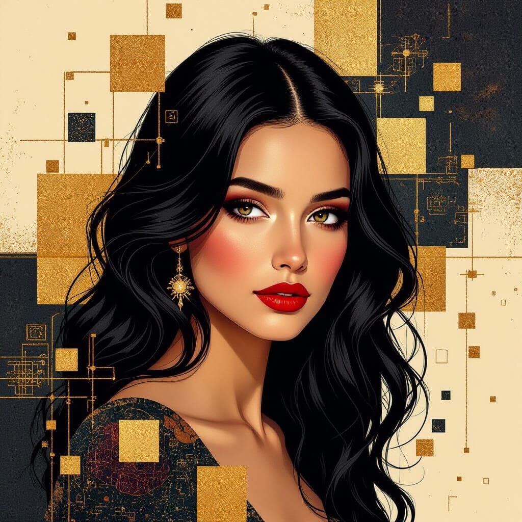 Odilon Redon's dreamlike surrealism. A close up portrait of The most beautiful dark haired girl of Sevilla. Kintsugi painting of abstract sq...