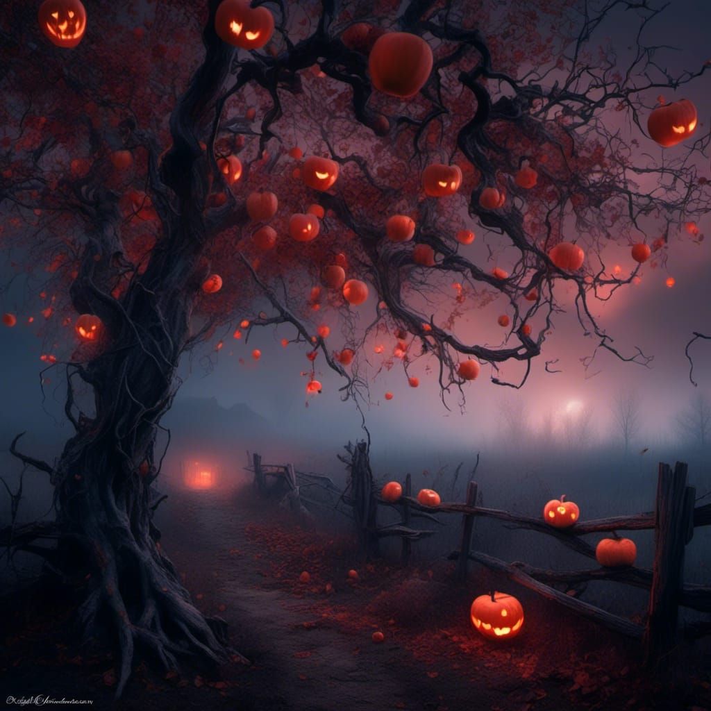 <lora:Eclipse:1.0> MANDELBULB MAGIC TZEENTCH SURREALISM SLAANESH FOGGY NIGHT APPLE ORCHARD ONLY 1 RED APPLE LEFT ON 1 TREE JACK O'LANTERNS A...