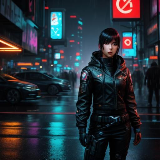 Medium shot of a female sci-fi protagonist in a cyberpunk ci...