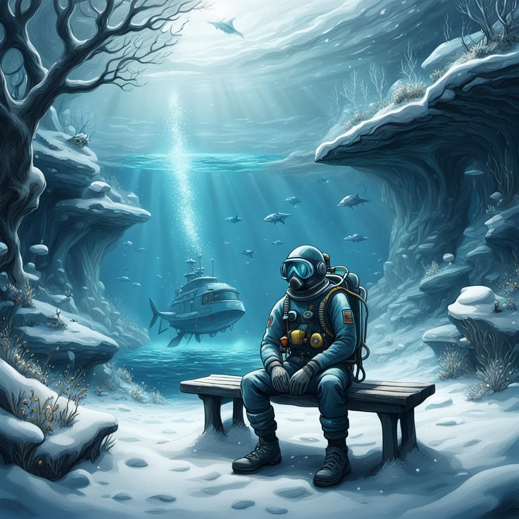 Deep-sea diver sitting on a bench in winter  by @THARTIST