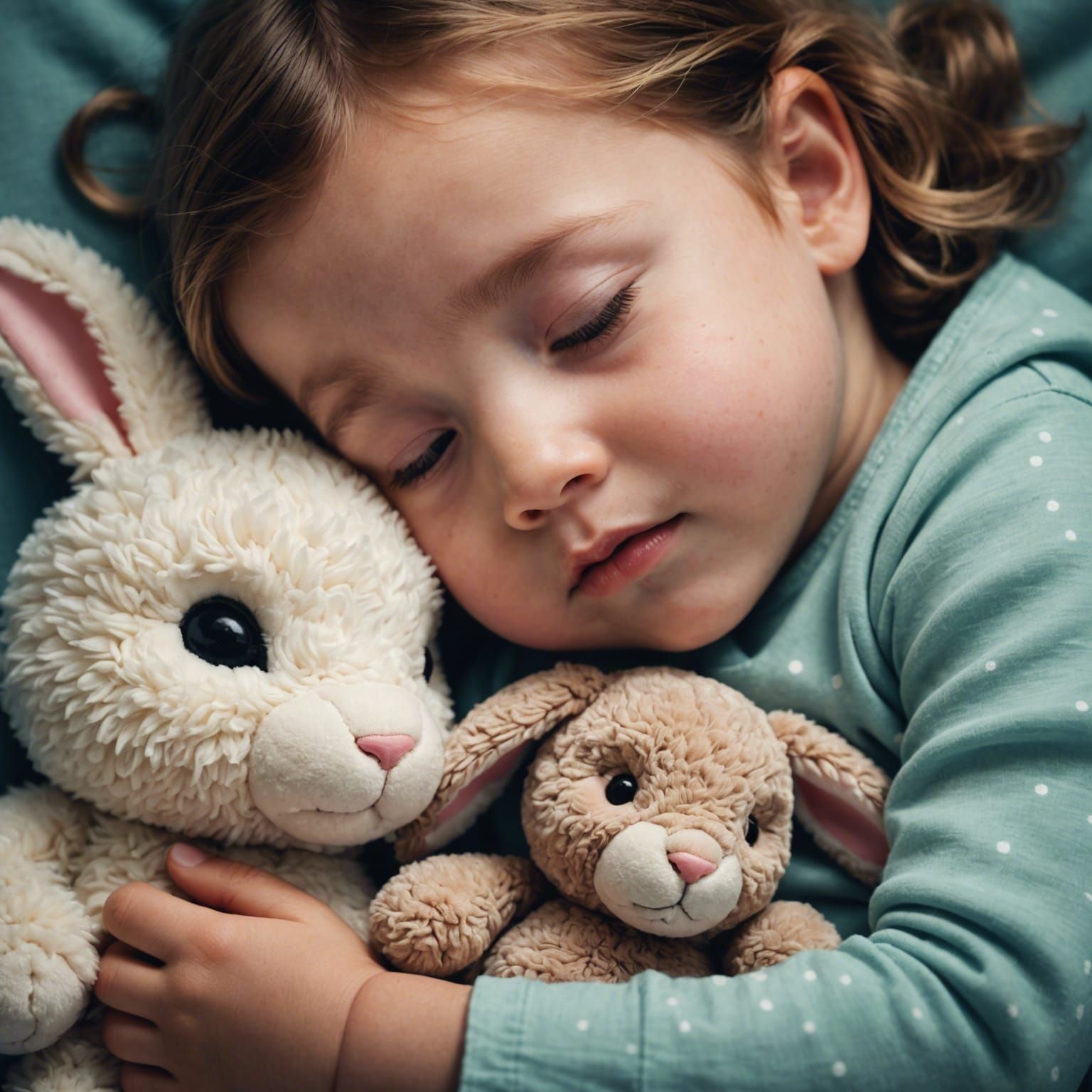 macro close up of an adorable toddler curled up asleep on her side cuddling her stuffed rabbit  by @CJVF