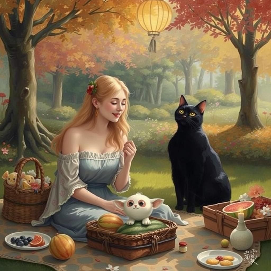 Playful Cat with Happy Family in Whimsical Garden