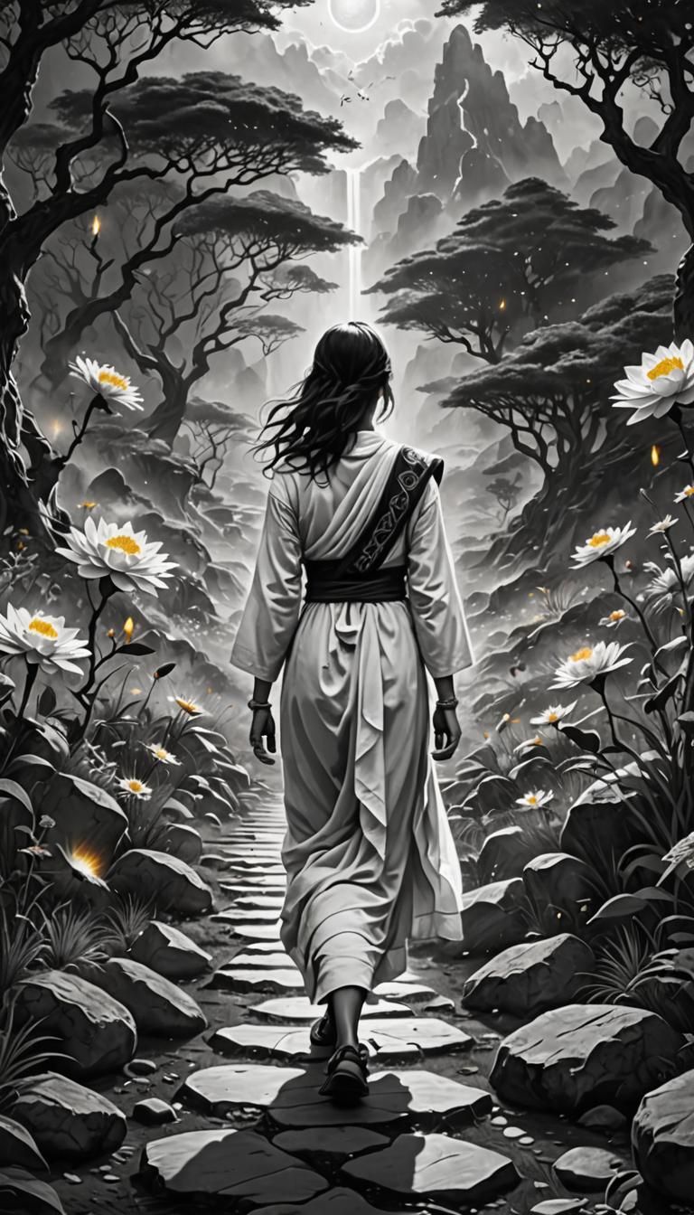 black and white. woman walking the spiritual path, ascension...