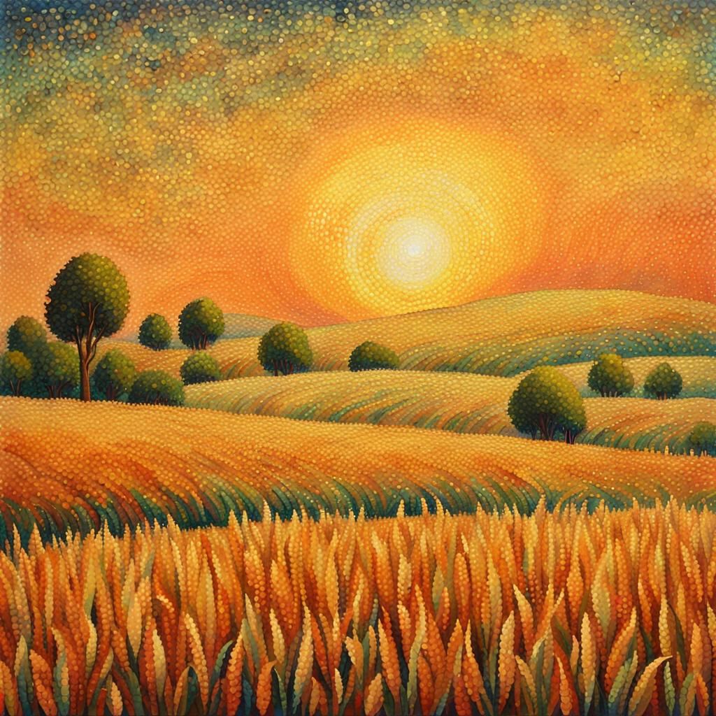 Pointillism, landscape, cornfield at sunset, In the style of Paul Signak,  by @A Secret McDaniel