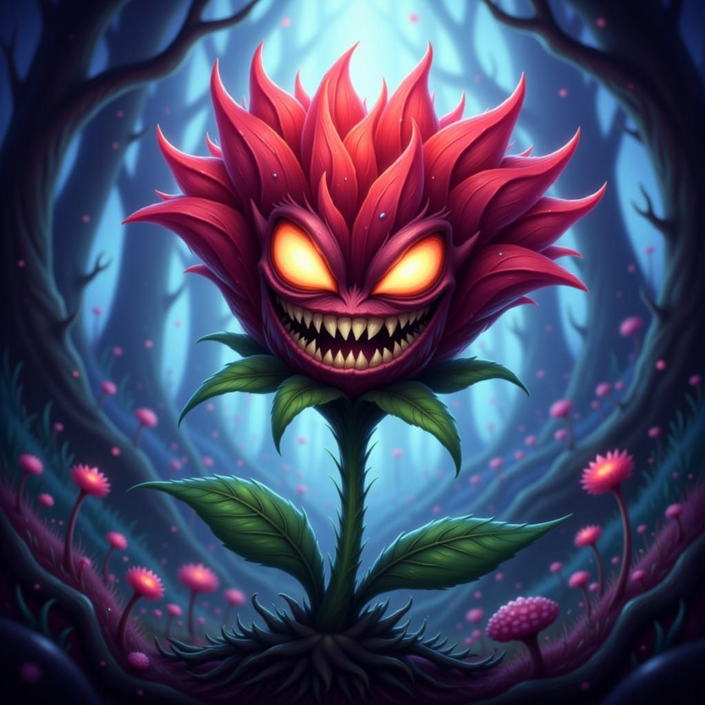 A menacing cartoon flower with sharp teeth and glowing, expr...