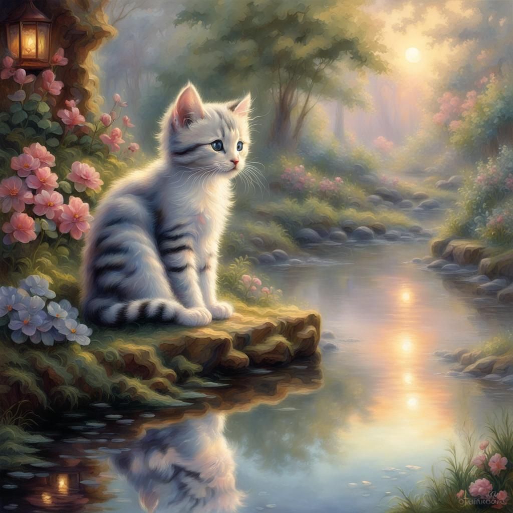 Kitten looking at reflection in water