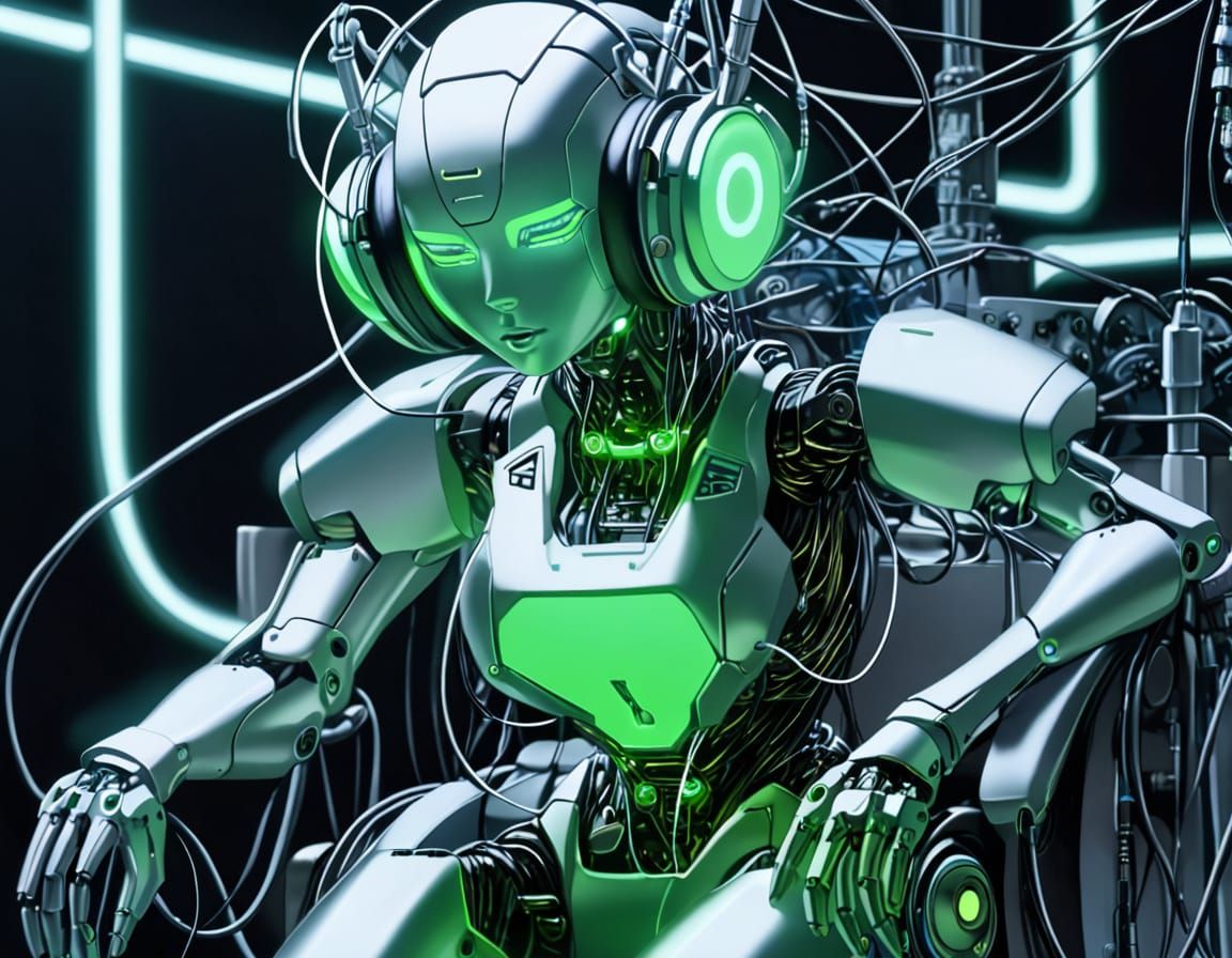 Cyberpunk Robot in Dimly Lit Workshop
