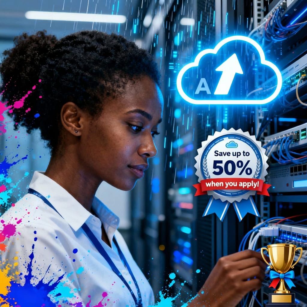 A modern, motivational poster design with a clean background for marketing Microsoft Azure certification (AZ-900, AZ-104). The theme is clou...