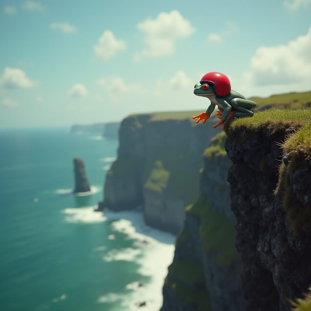 A gray frog cliff jumping from Cliffs of Moher, Ireland