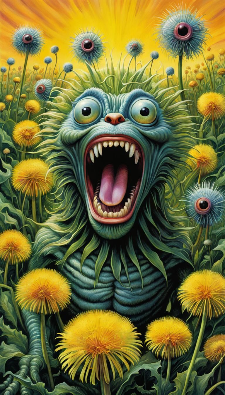 An anthropomorphic Screaming Army of Dandelion Flower Fink m...