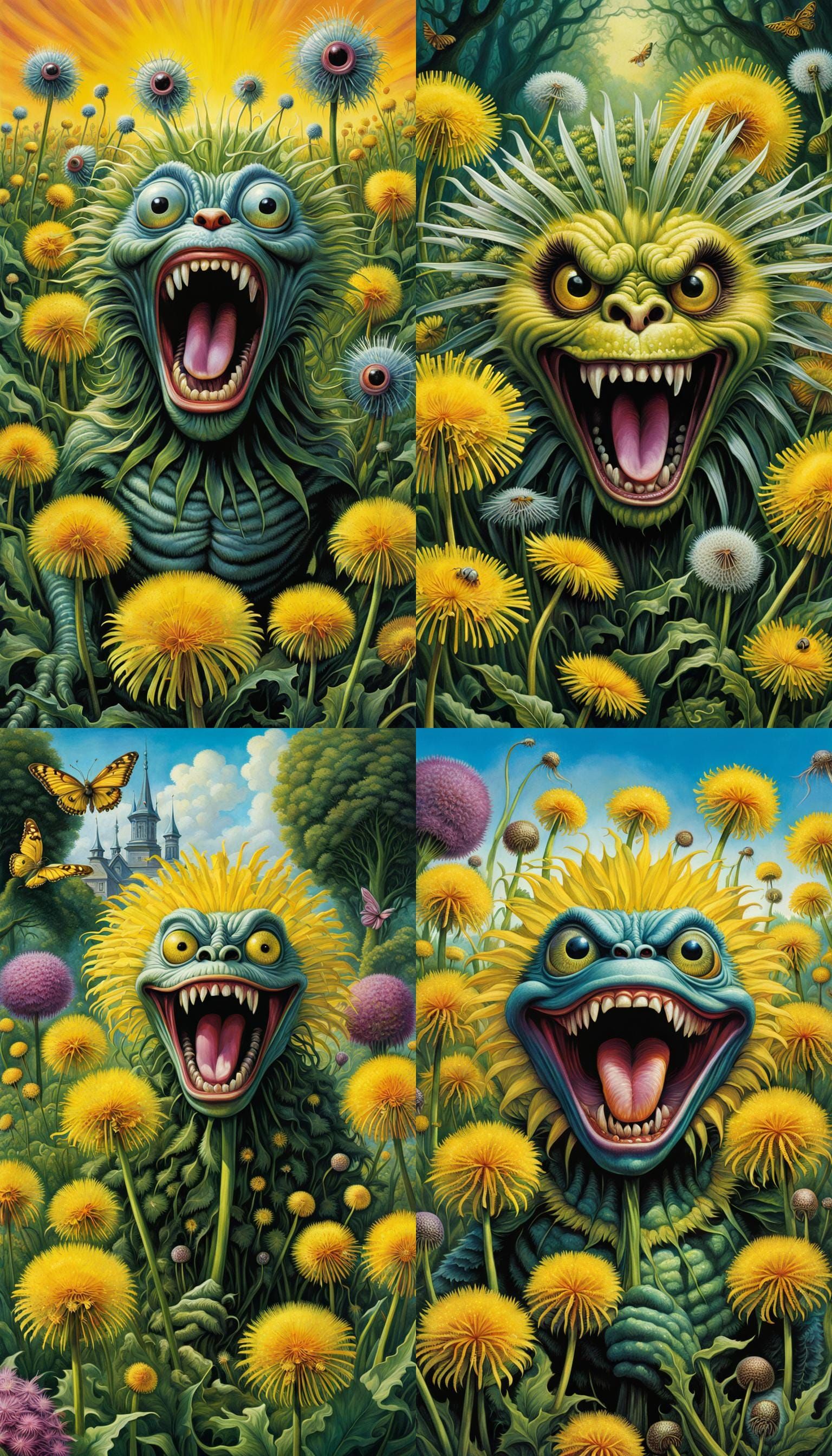 An anthropomorphic Screaming Army of Dandelion Flower Fink m...
