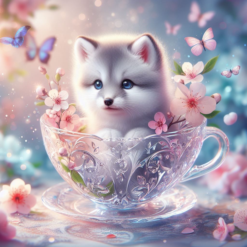Sweet Baby Arctic Fox in Crystal Tea Cup