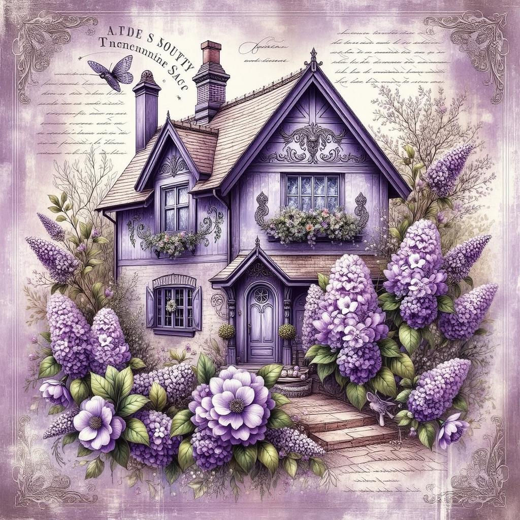 European looking Purple Cottage with Lilacs