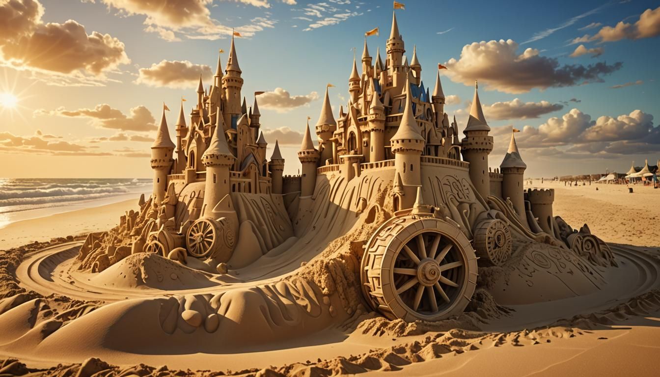 Two elaborate sand castles connected by a bit wheels racing track. Both castles have a multitude of towers ...  by @Rukenstein