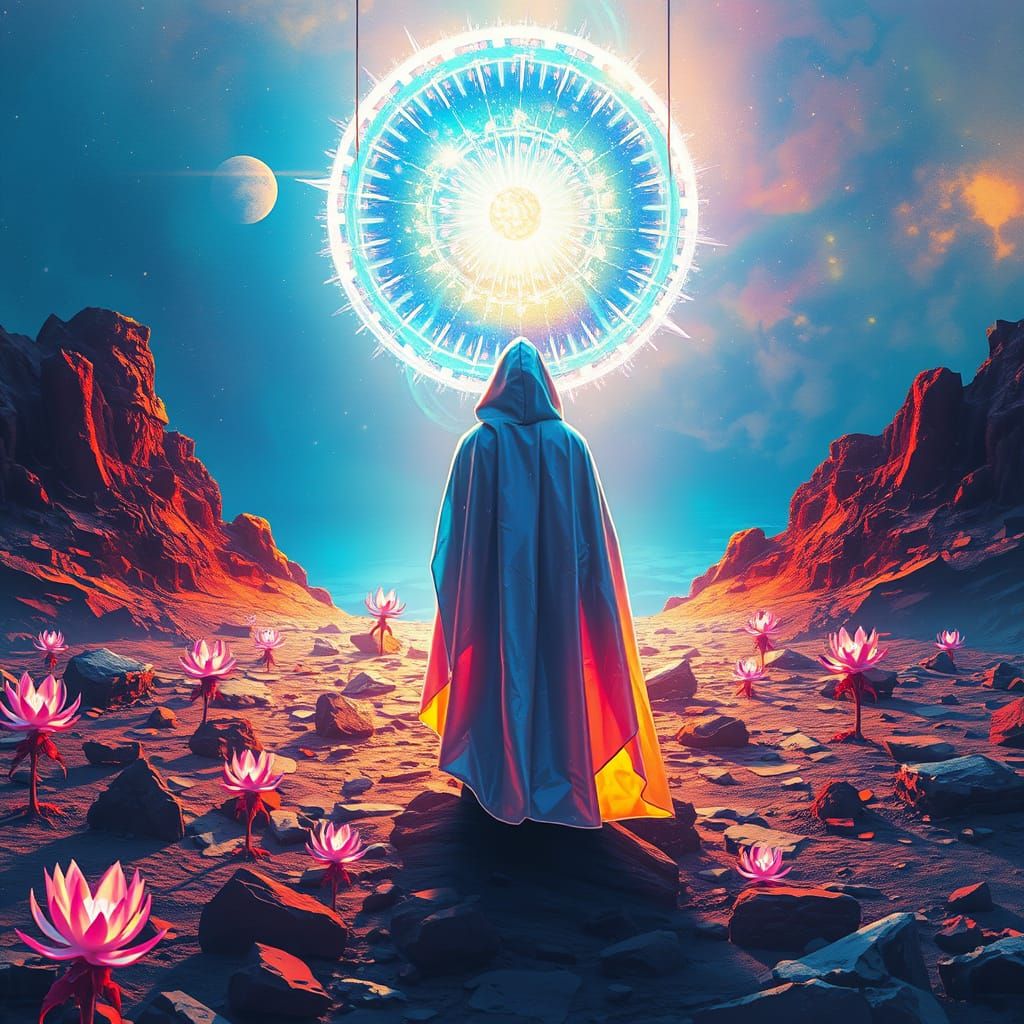 Ethereal Figure Gazing into a Shimmering Portal