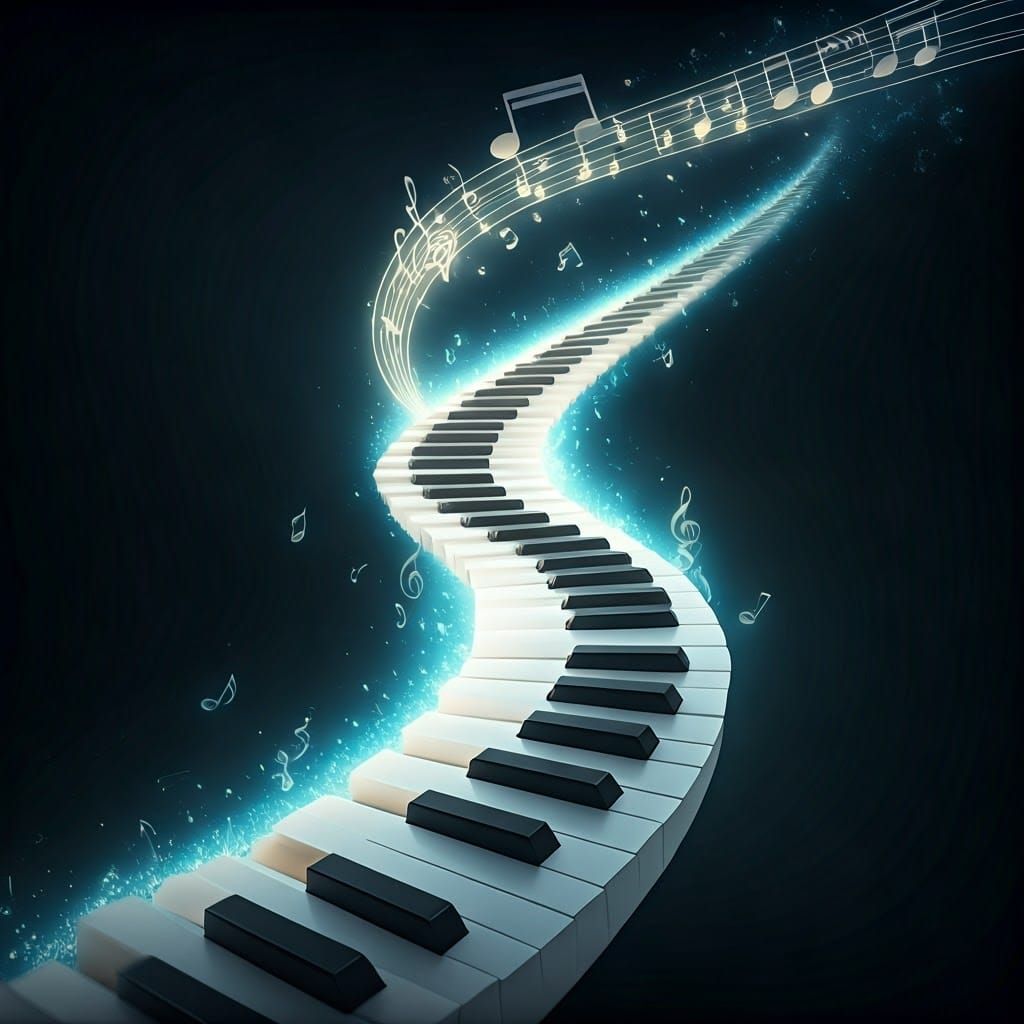 Whimsical Piano Key Staircase with Floating Musical Notes in...