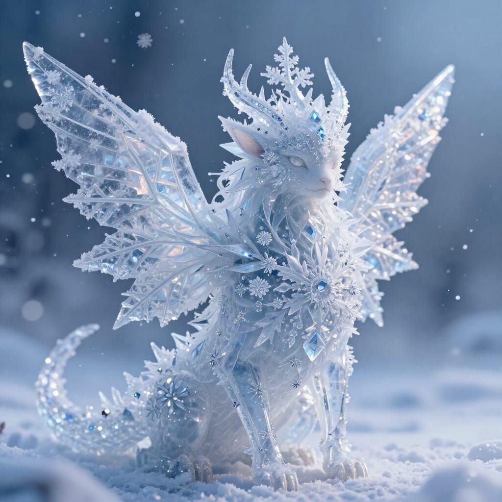 Ein mystisches Wesen, komplett geformt aus komplizierten Schneekristallformen. Filigrane Eiskristallstrukturen ...  by @Nekooo ni