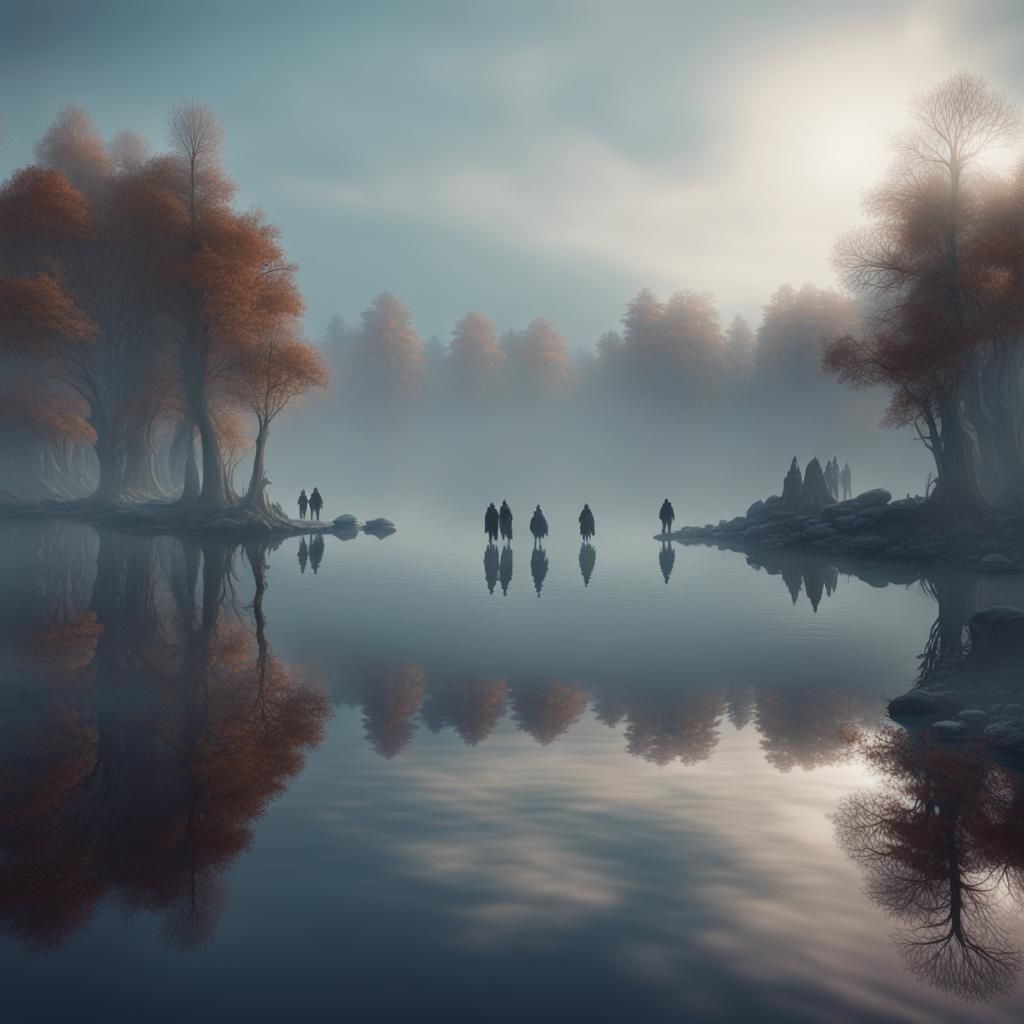 A mist-covered lake with ghostly reflections of people from ...