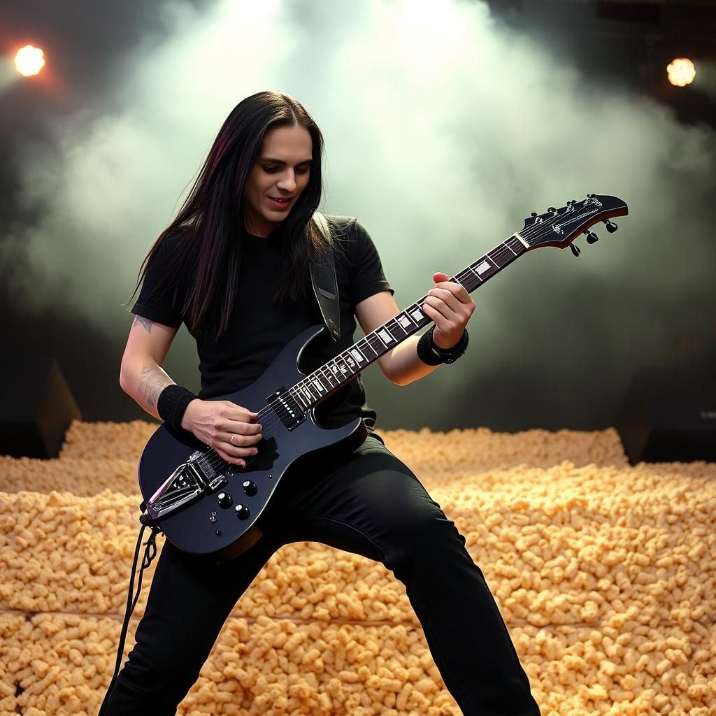 male lead singer playing a sick black electric guitar, shredding, smoke